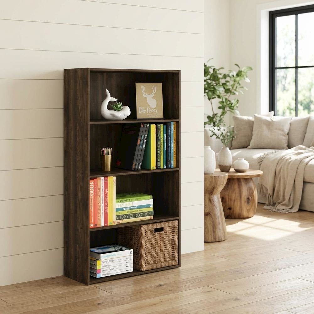 Wooden 4-Tier Open Shelf with Ample Storage in Walnut Finish. Picture 3