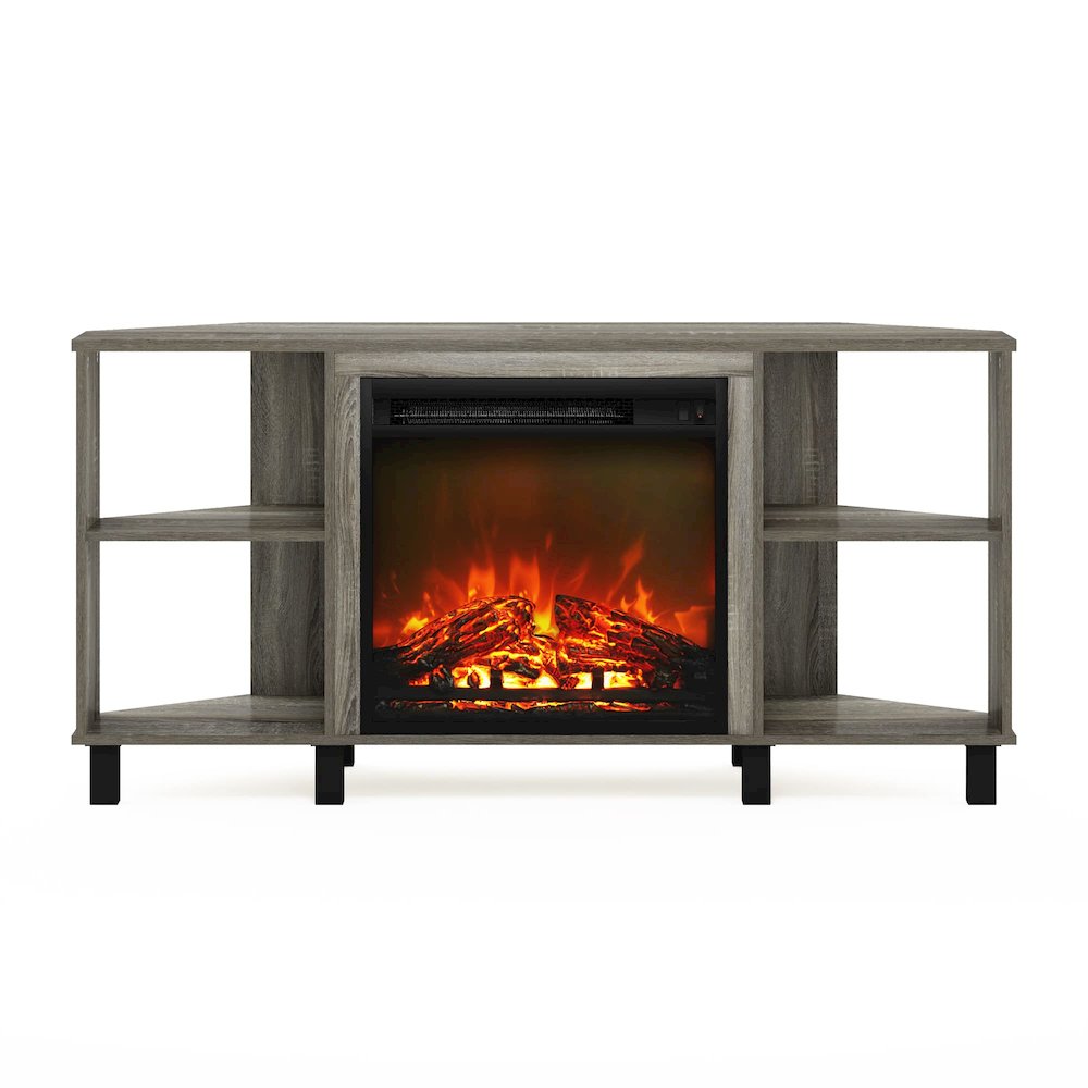 Furinno Jensen Corner Fireplce TV Stand with Metal Leg for TV up to 55 Inches, French Oak Grey. Picture 4