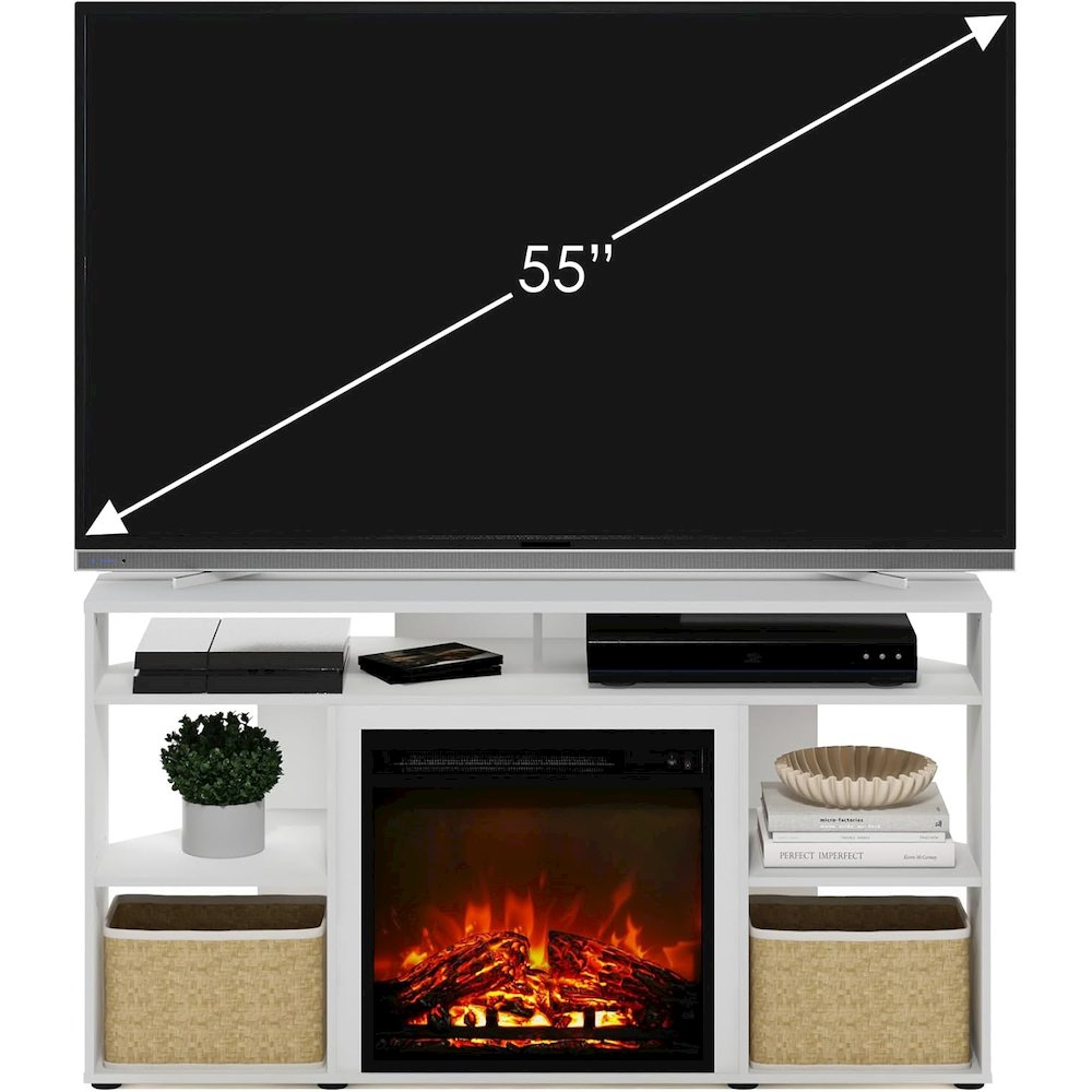 White TV Stand with Fireplace Insert and Six Open Shelves for 55 Inch Displays. Picture 7