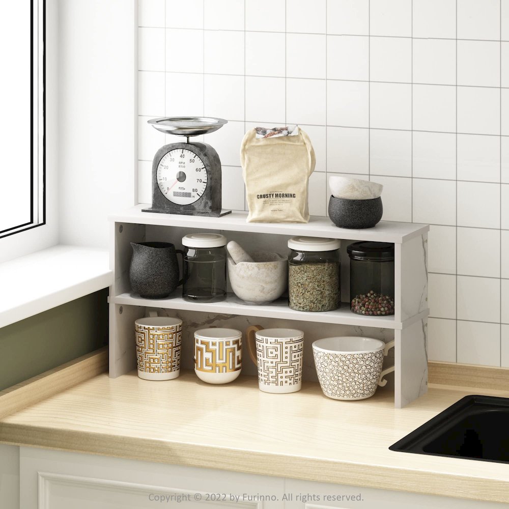 Helena 23-Inch Kitchen Counter Stackable Organizer Shelf, Marble White, Set of 2. Picture 3