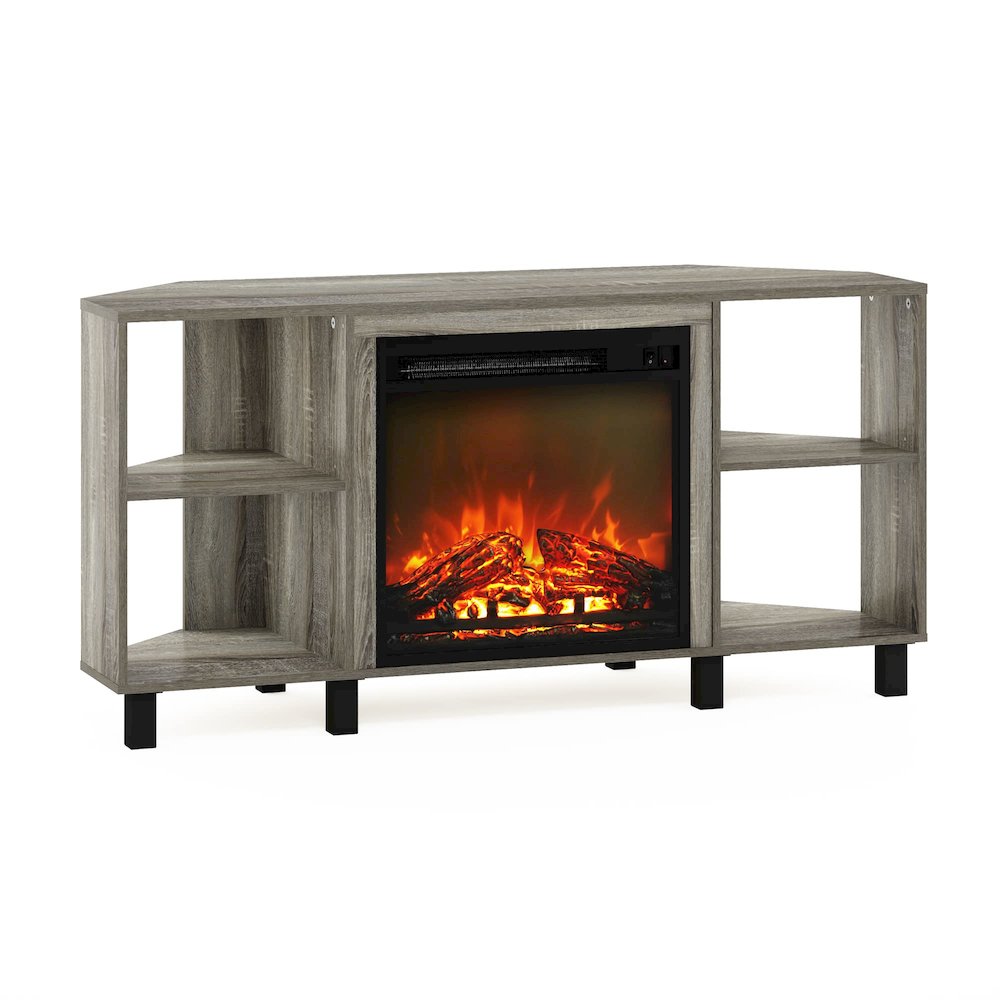 Furinno Jensen Corner Fireplce TV Stand with Metal Leg for TV up to 55 Inches, French Oak Grey. Picture 1