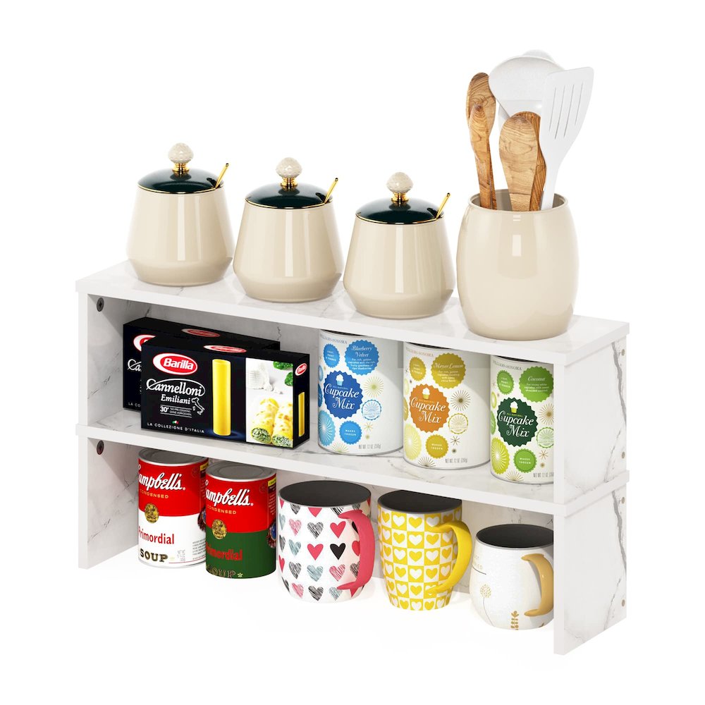 Helena 23-Inch Kitchen Counter Stackable Organizer Shelf, Marble White, Set of 2. Picture 5