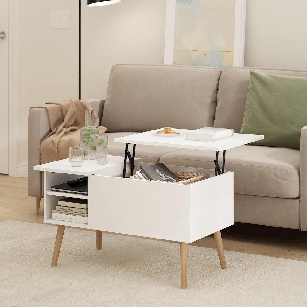 Jensen Lift Top Coffee Table With Wooden Leg, Solid White. Picture 7