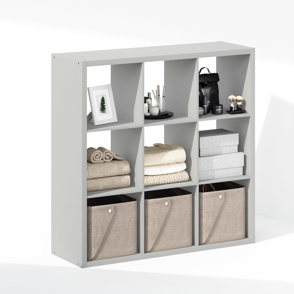 White Engineered Wood Cube Storage Organizer with 9 Open Storage Cubes. Picture 6