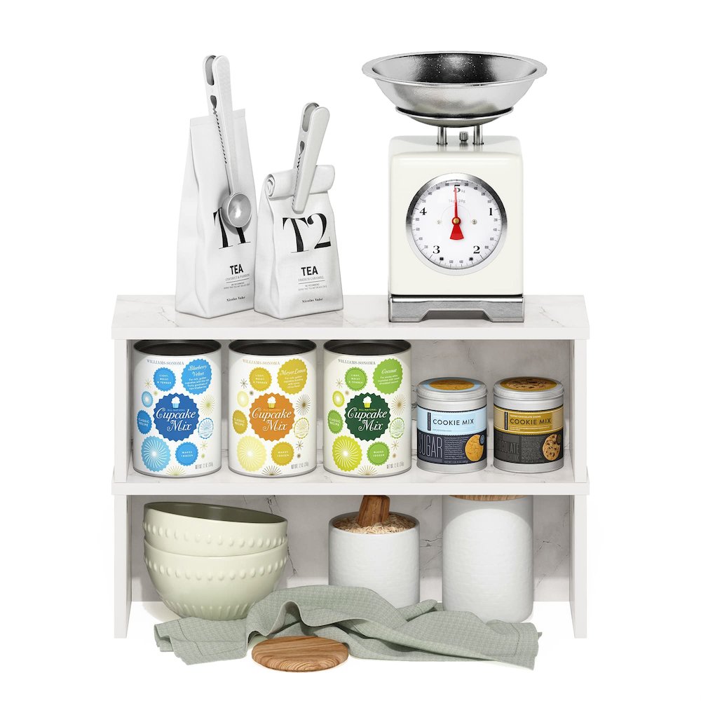 Helena 18-Inch Kitchen Counter Stackable Organizer Shelf, Marble White, Set of 2. Picture 6