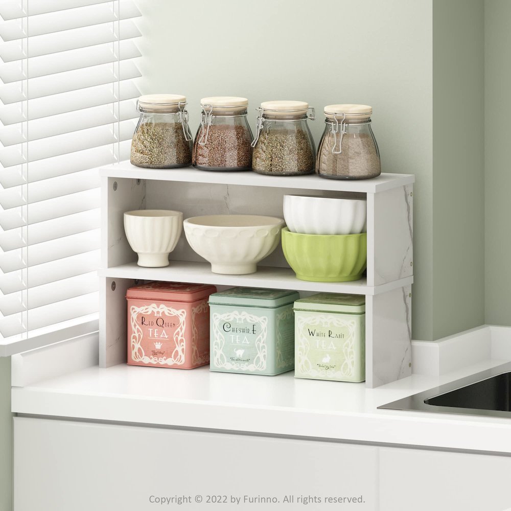 Helena 18-Inch Kitchen Counter Stackable Organizer Shelf, Marble White, Set of 2. Picture 3