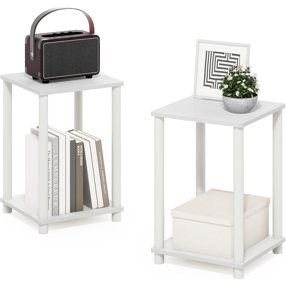White Wooden End Tables Set of 2 with Storage Shelves for Living Room. Picture 3