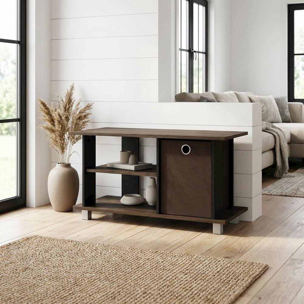Simplistic TV Stand with Storage Bins in Dark Brown and Walnut Finish. Picture 2