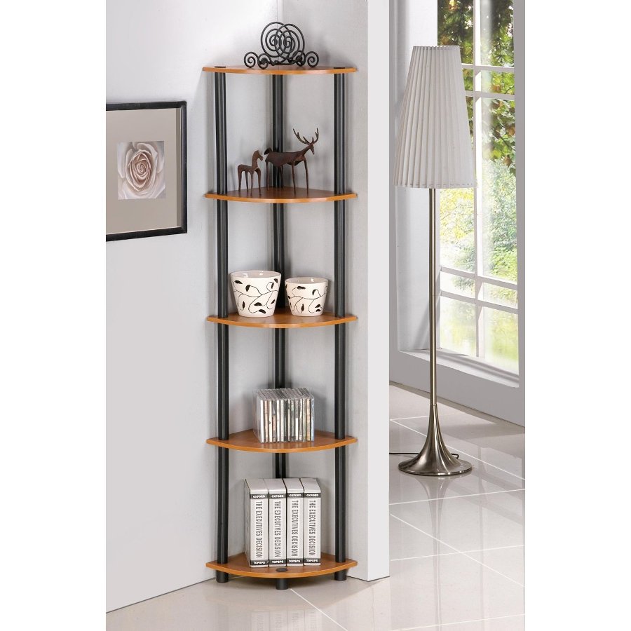 Turn-N-Tube 5 Tier Corner Display Rack Multipurpose Shelving Unit, Light Cherry/Black. Picture 3