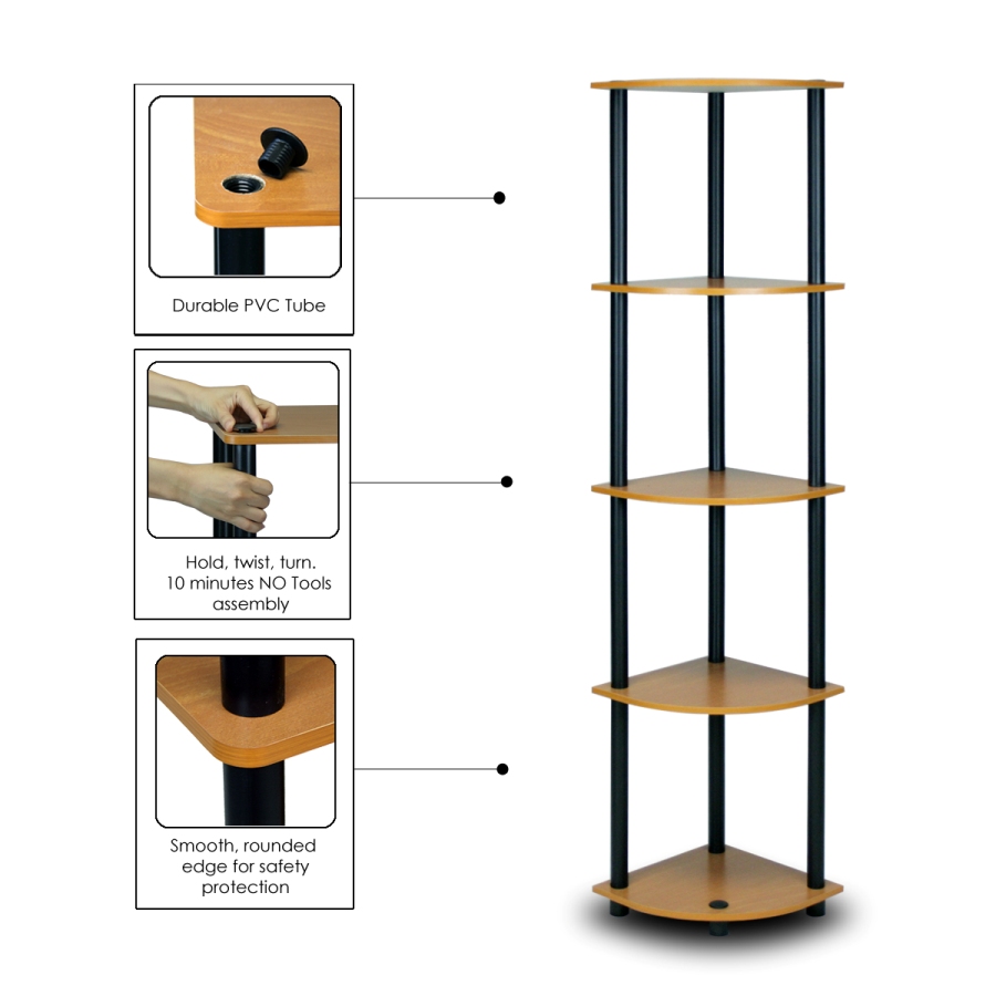 Turn-N-Tube 5 Tier Corner Display Rack Multipurpose Shelving Unit, Light Cherry/Black. Picture 4