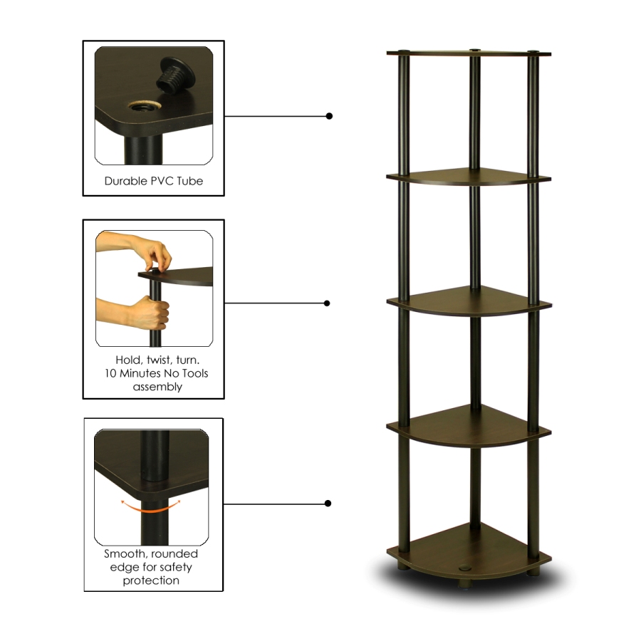 Turn-N-Tube 5 Tier Corner Display Rack Multipurpose Shelving Unit, Espresso/Black. Picture 3