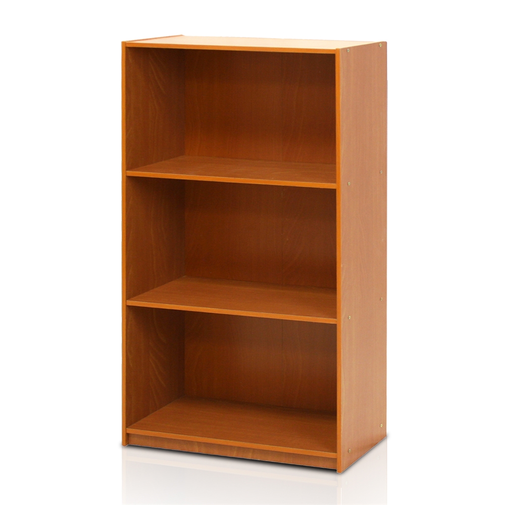 Basic 3-Tier Bookcase Storage Shelves, Light Cherry. Picture 1