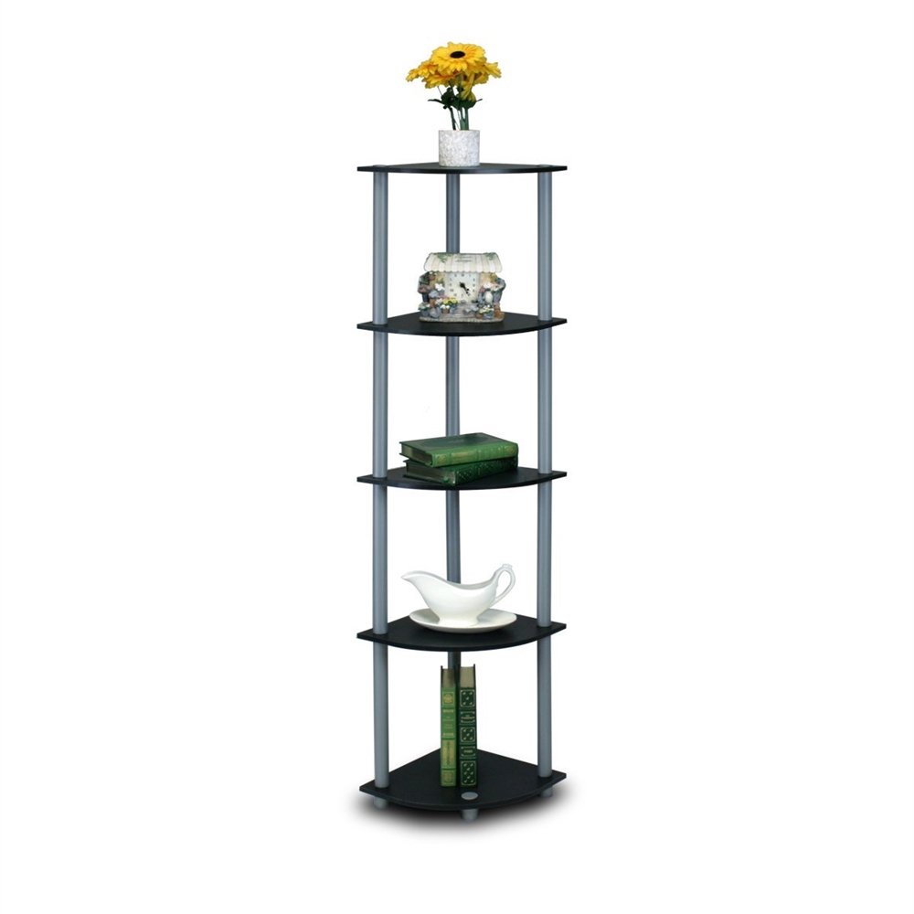 Turn-N-Tube 5 Tier Corner Display Rack Multipurpose Shelving Unit, Black/Grey. Picture 1