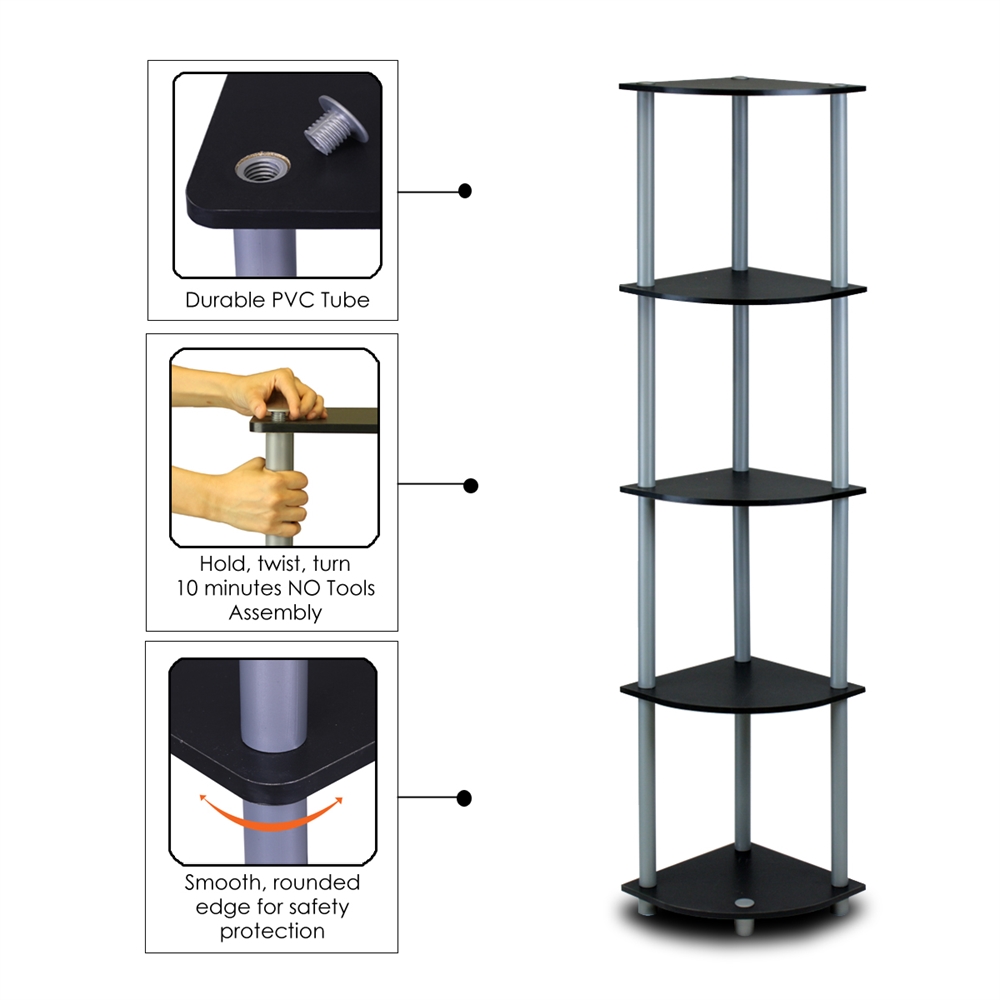 Turn-N-Tube 5 Tier Corner Display Rack Multipurpose Shelving Unit, Black/Grey. Picture 3