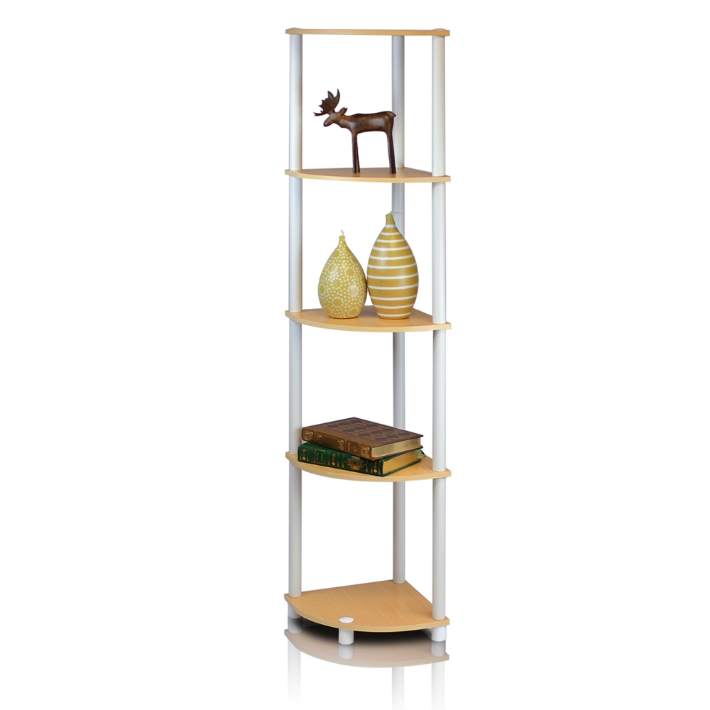 Turn-N-Tube 5 Tier Corner Display Rack Multipurpose Shelving Unit, Beech/White. Picture 1