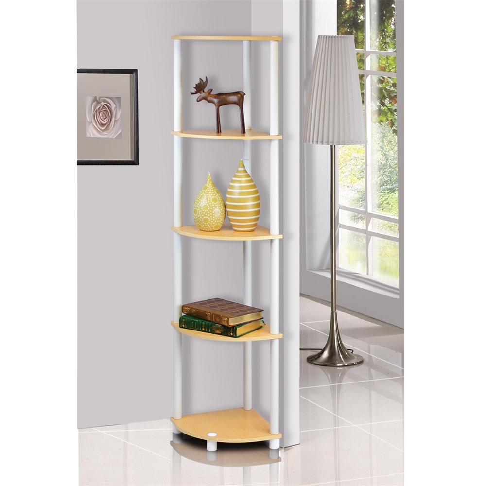 Turn-N-Tube 5 Tier Corner Display Rack Multipurpose Shelving Unit, Beech/White. Picture 3