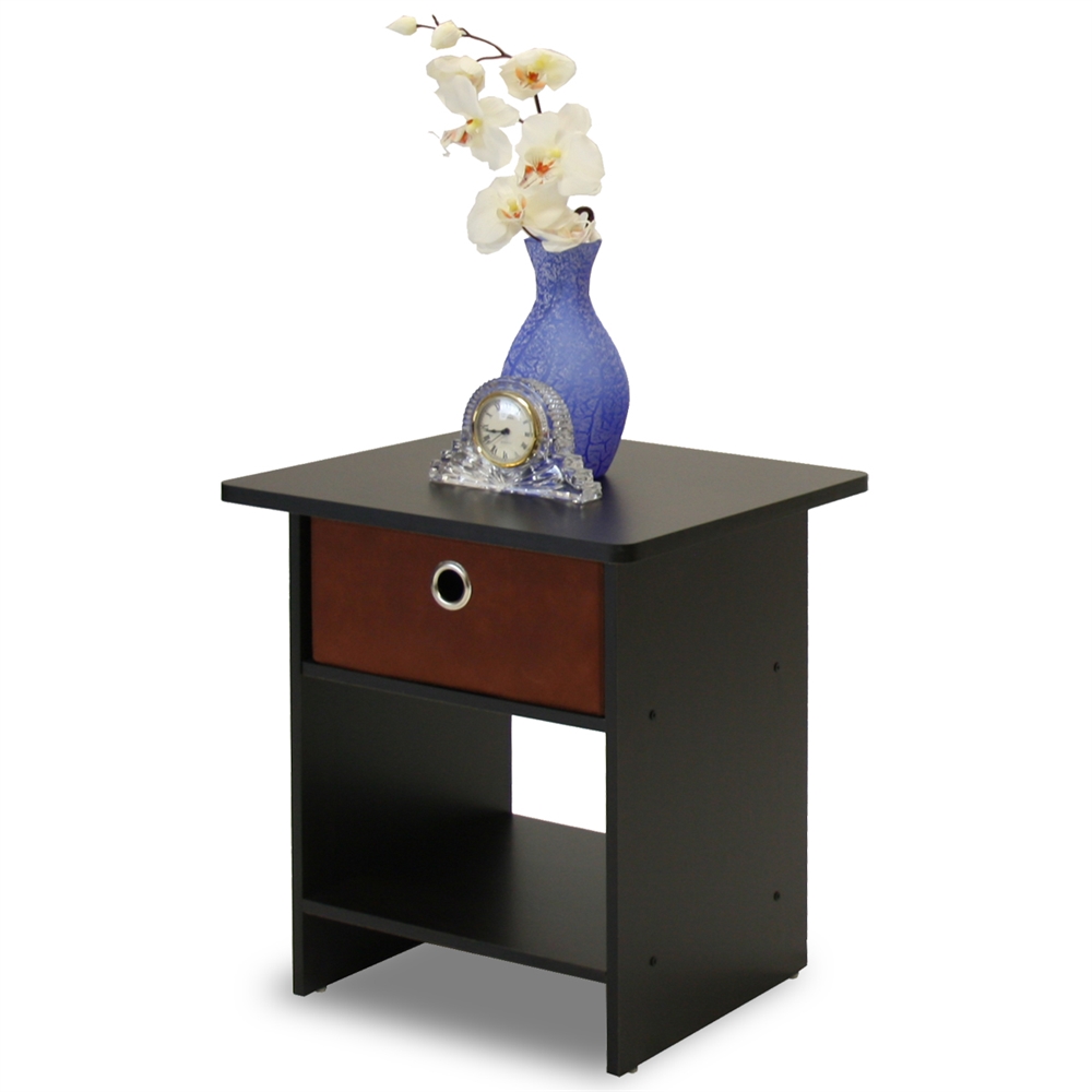 End Table/ Night Stand Storage Shelf with Bin Drawer, Espresso/Brown. Picture 1