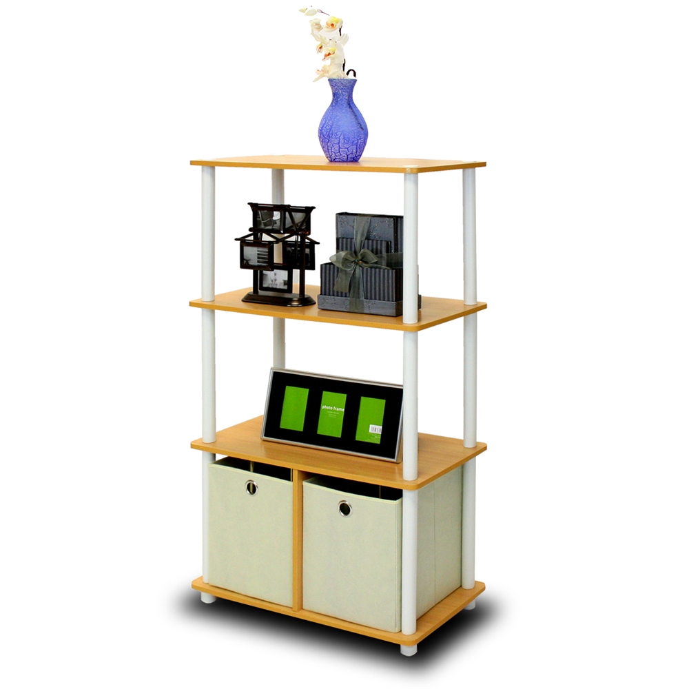 Go Green 4-Tier Multipurpose Storage Rack Shelving Unit w/Bins, Beech/White. Picture 1