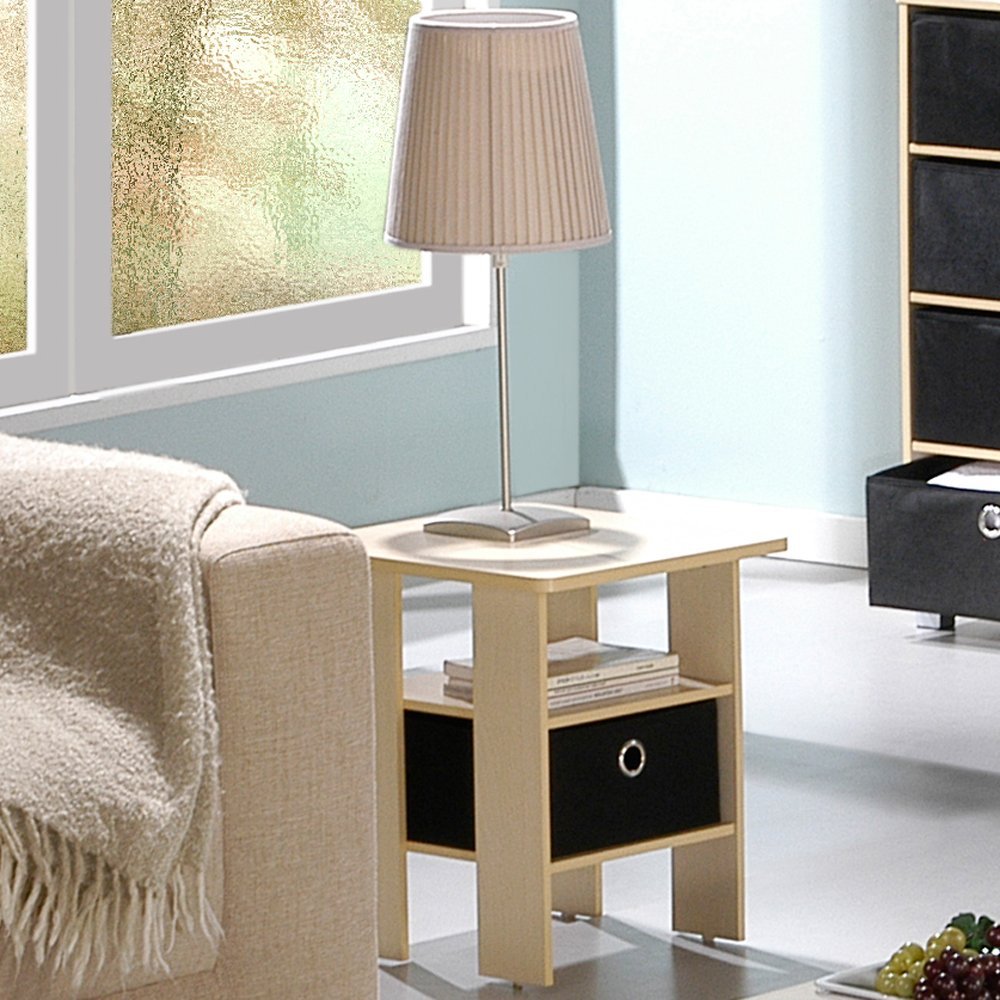 End Table Bedroom Night Stand w/Bin Drawer, Steam Beech/Black. Picture 1