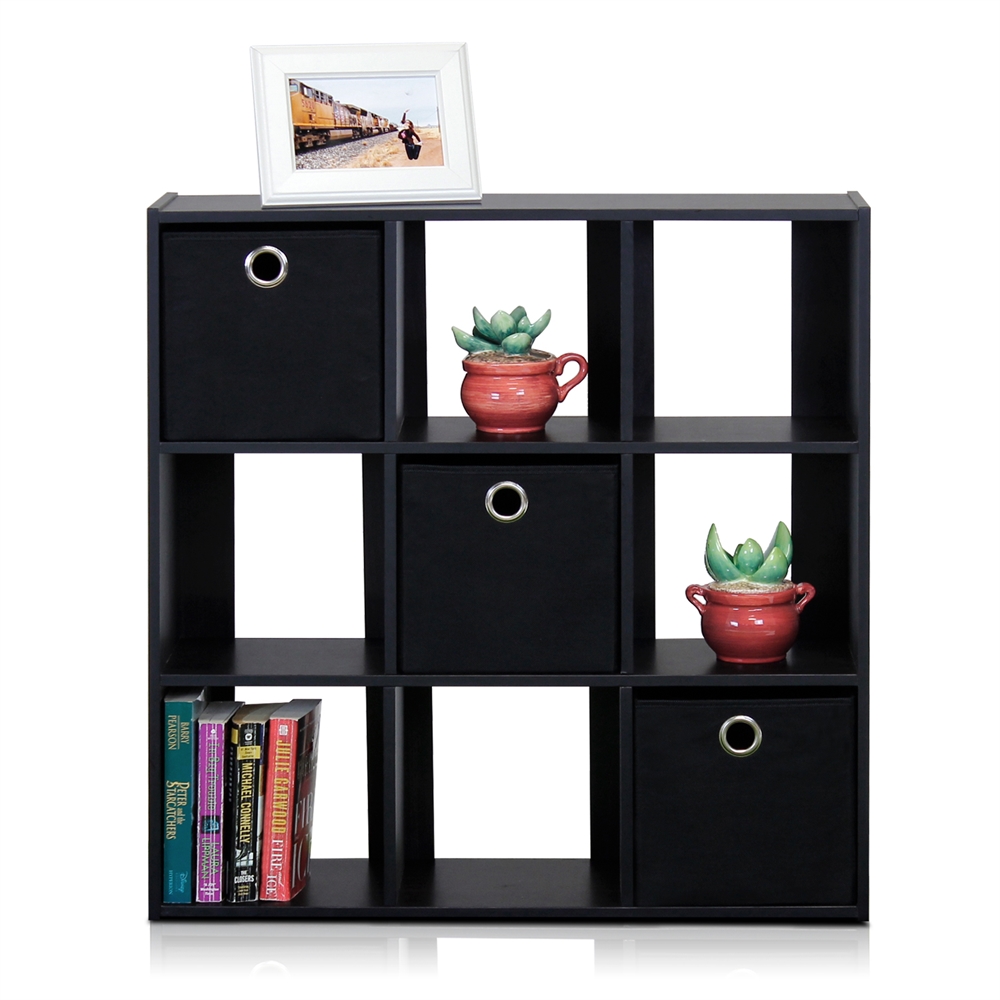 Simplistic 9-Cube Organizer with Bins, Espresso/Black. Picture 3