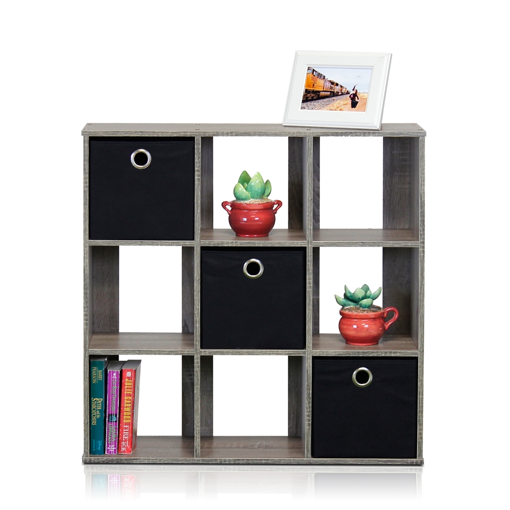 Simplistic 9-Cube Organizer with Bins, French Oak Grey/Black. Picture 3