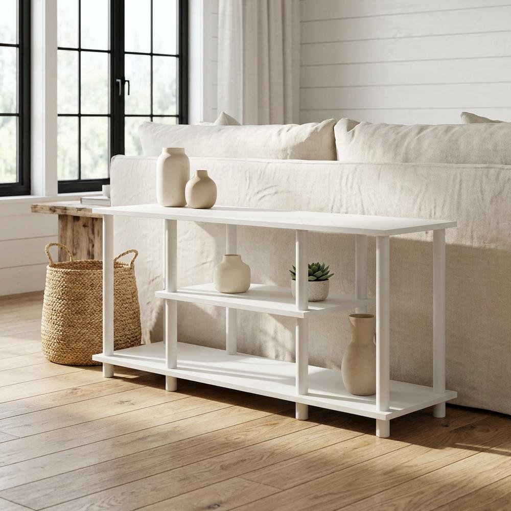 White 3-Tier TV Stand with Spacious Shelving and Durable Wood Finish. Picture 2