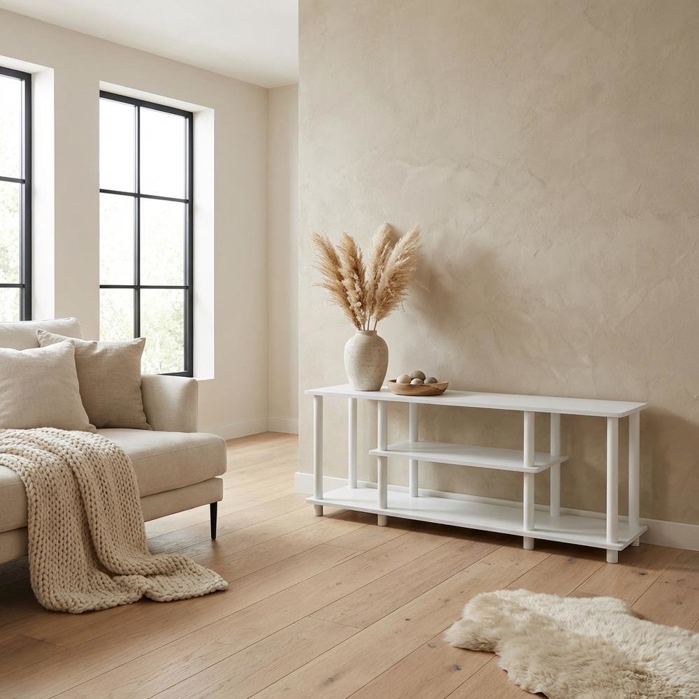 White 3-Tier TV Stand with Spacious Shelving and Durable Wood Finish. Picture 3