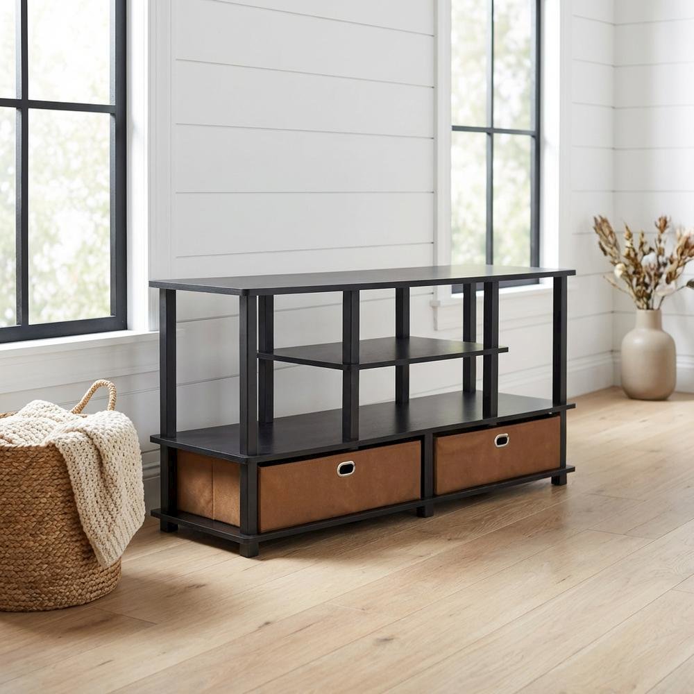 Large TV stand, up to 50-inch TV, storage bin, black composite wood. Picture 2