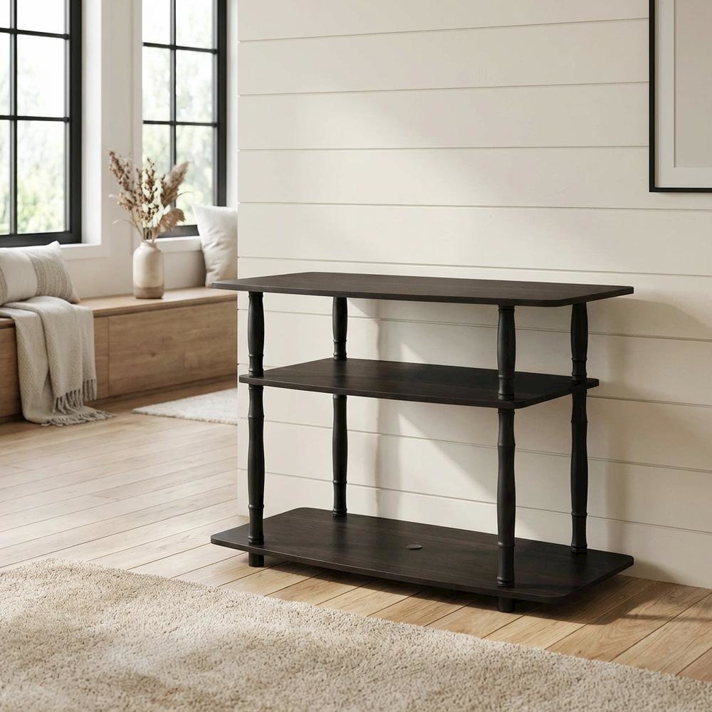 Espresso and Black Wood TV Stand with 3-Tier Open Shelves and Modern Design. Picture 3