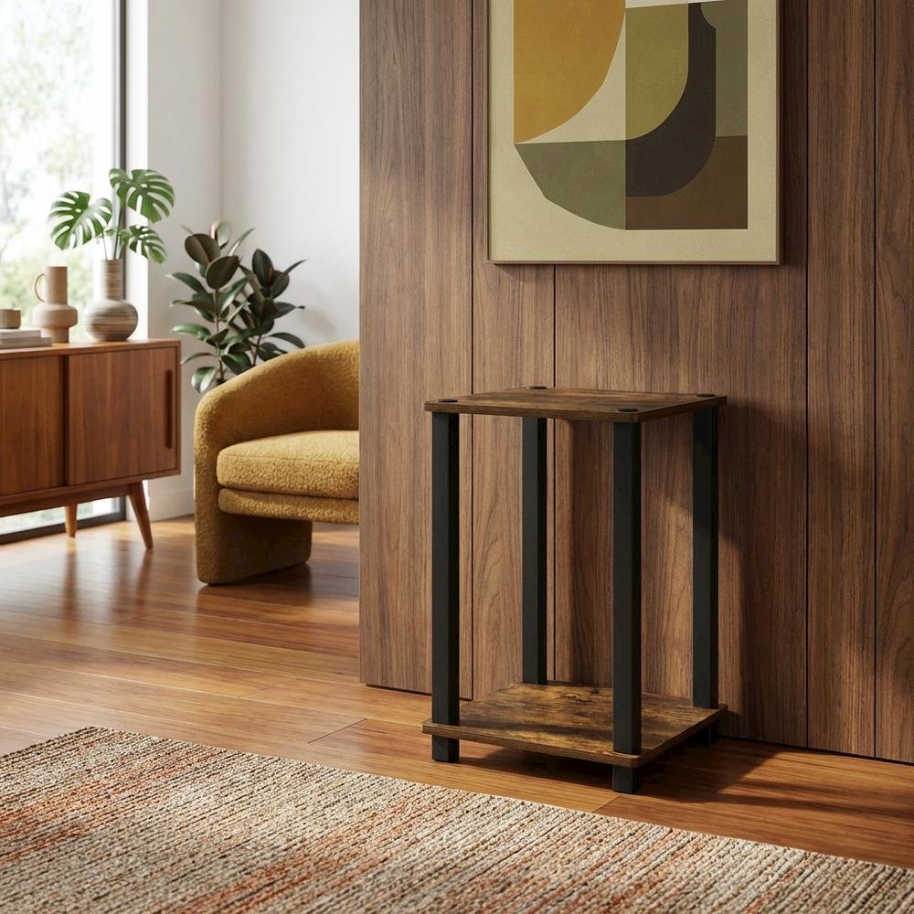 Small Amber Pine and Black End Table with Sleek Design. Picture 3