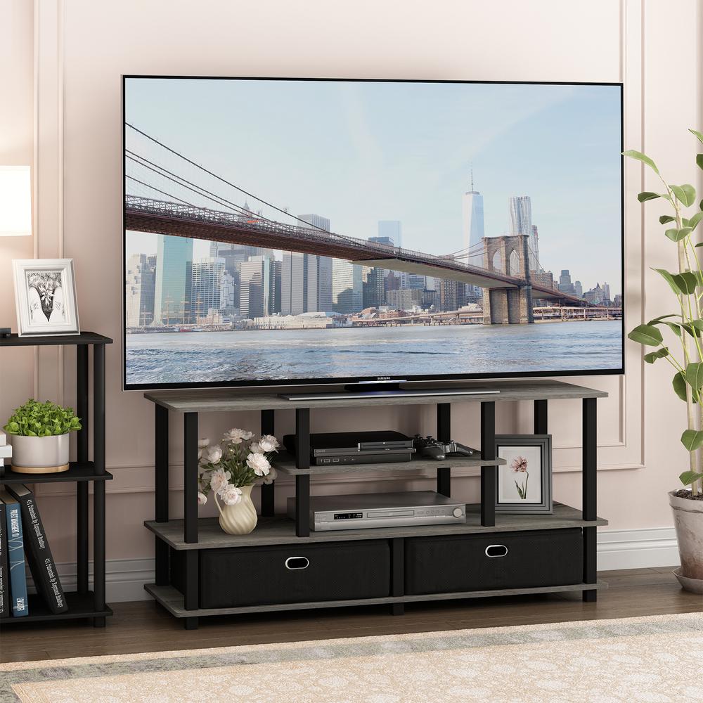 Furinno JAYA Large TV Stand for up to 50-Inch TV with Storage Bin, French Oak Grey/Black. Picture 5