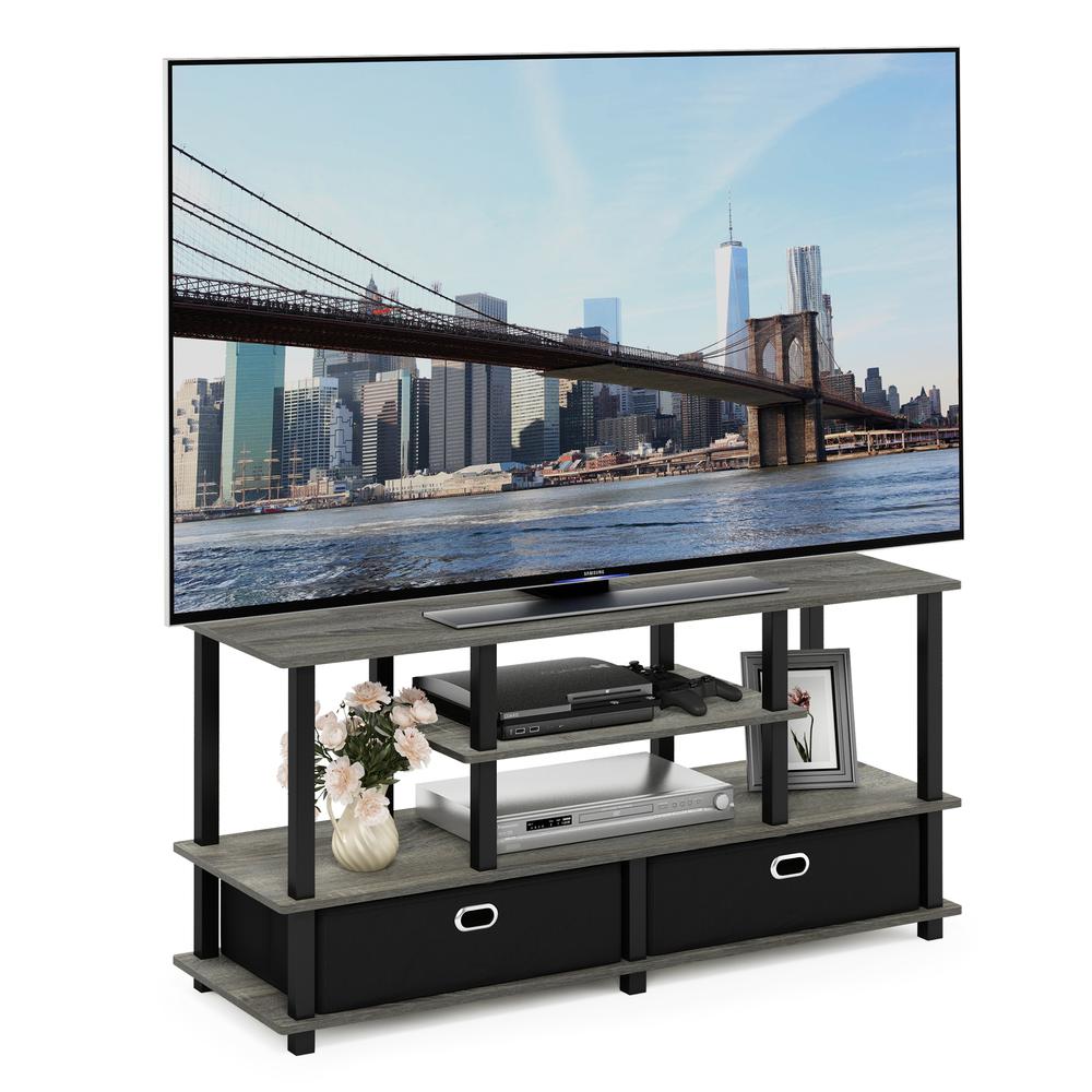 Furinno JAYA Large TV Stand for up to 50-Inch TV with Storage Bin, French Oak Grey/Black. Picture 3