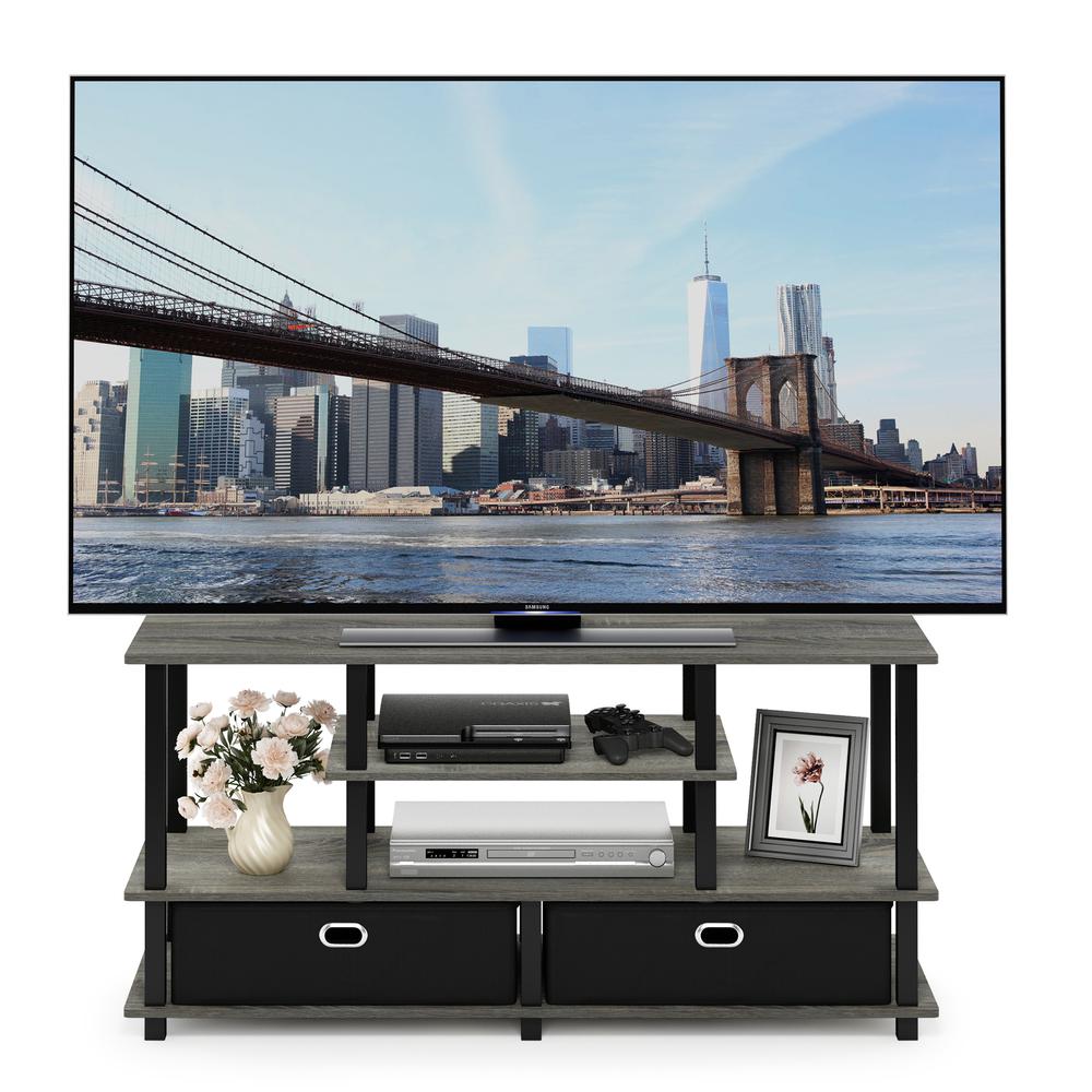 Furinno JAYA Large TV Stand for up to 50-Inch TV with Storage Bin, French Oak Grey/Black. Picture 4