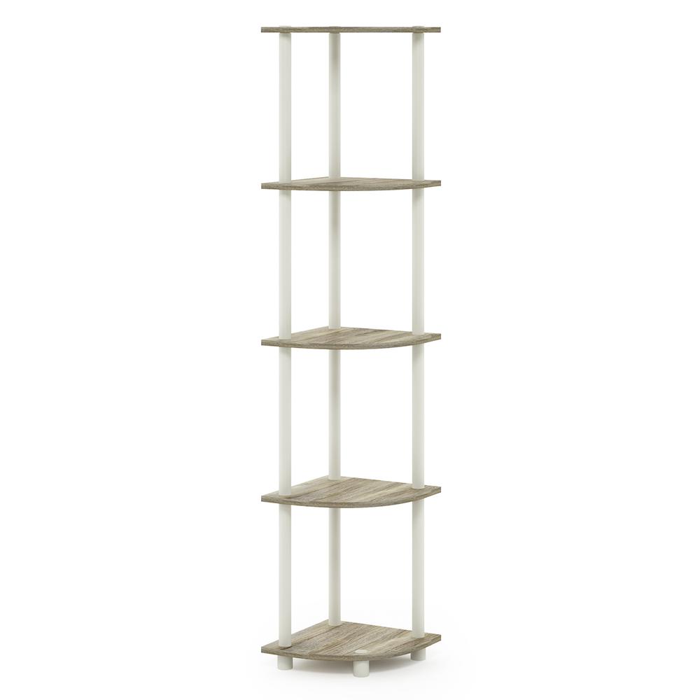 Furinno 99811 Turn-N-Tube 5 Tier Corner Display Rack Multipurpose Shelving Unit, Sonoma Oak/White. Picture 1