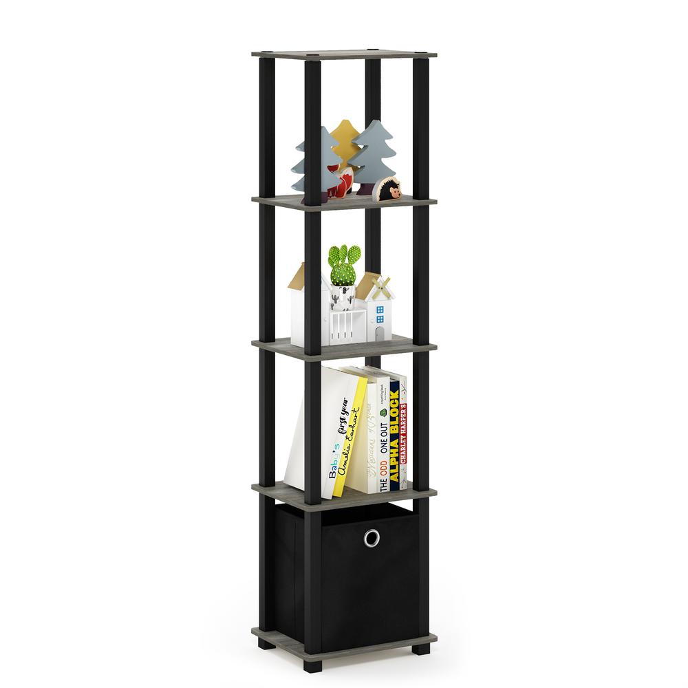 Furinno TNT No Tools 5-Tier Display Decorative Shelf with One Bin, French Oak Grey/Black/Black. Picture 4