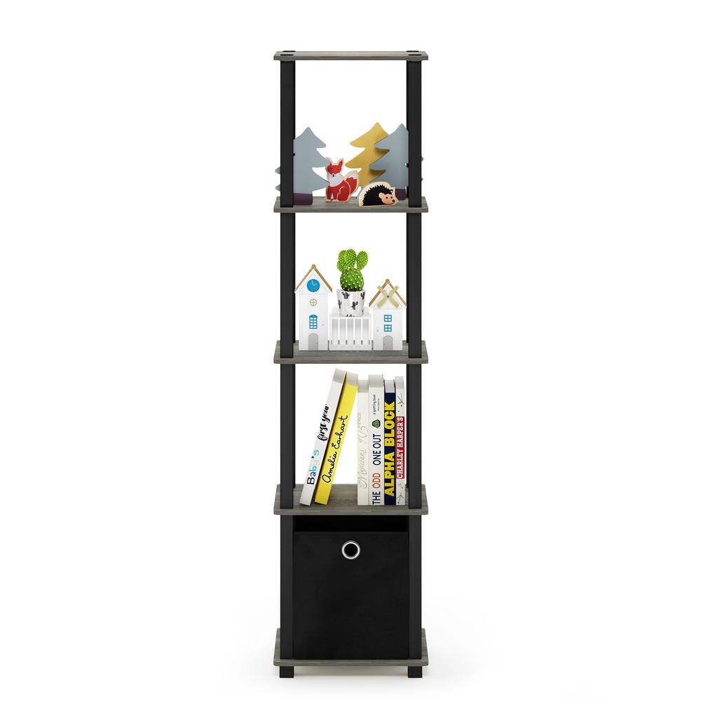 Furinno TNT No Tools 5-Tier Display Decorative Shelf with One Bin, French Oak Grey/Black/Black. Picture 5