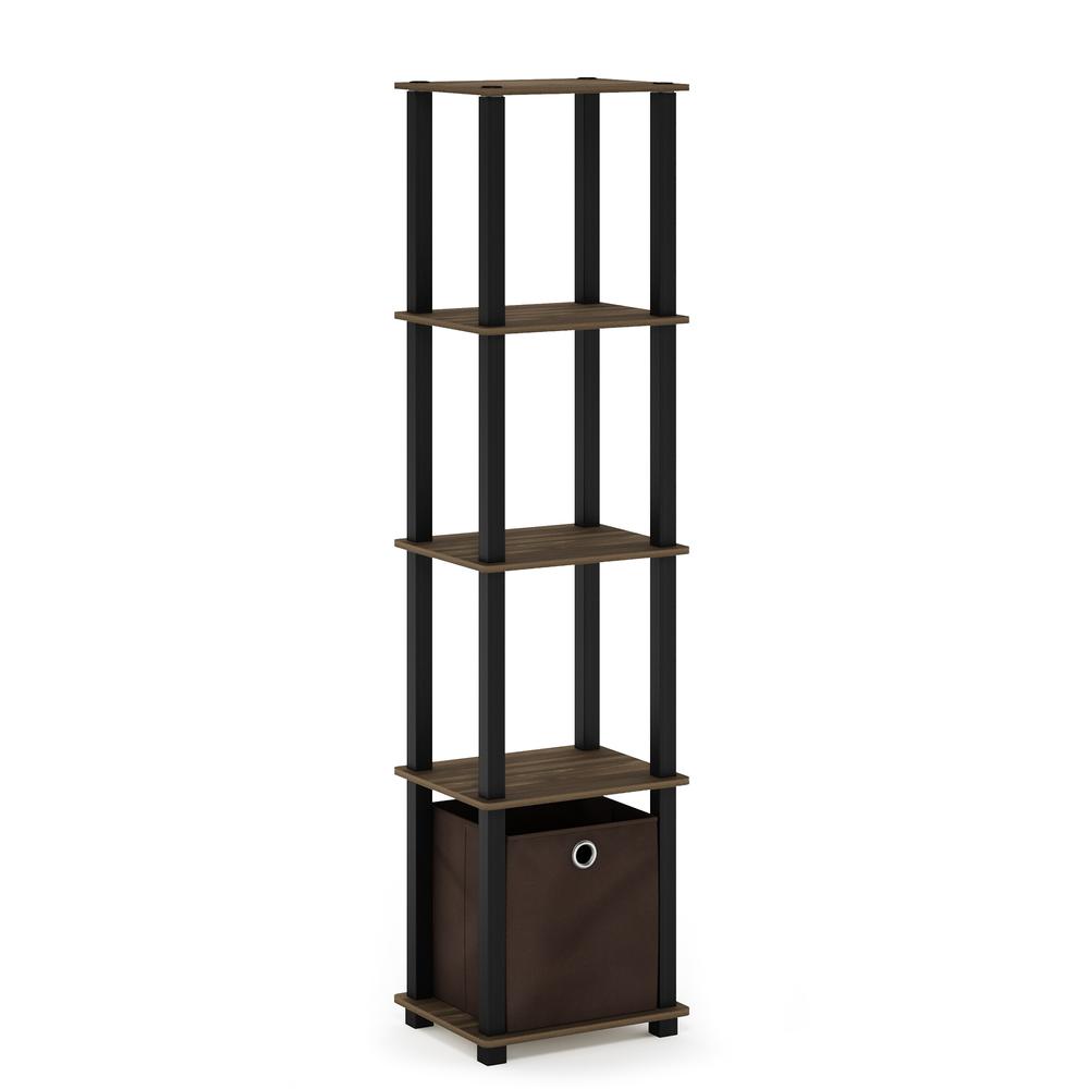 Furinno TNT No Tools 5-Tier Display Decorative Shelf with One Bin, Columbia Walnut/Black/Dark Brown. Picture 1