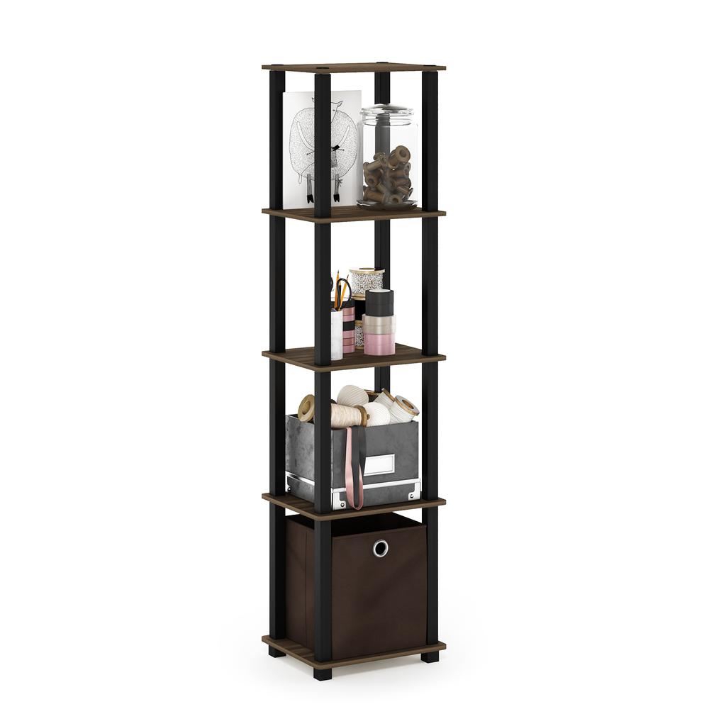 Furinno TNT No Tools 5-Tier Display Decorative Shelf with One Bin, Columbia Walnut/Black/Dark Brown. Picture 4