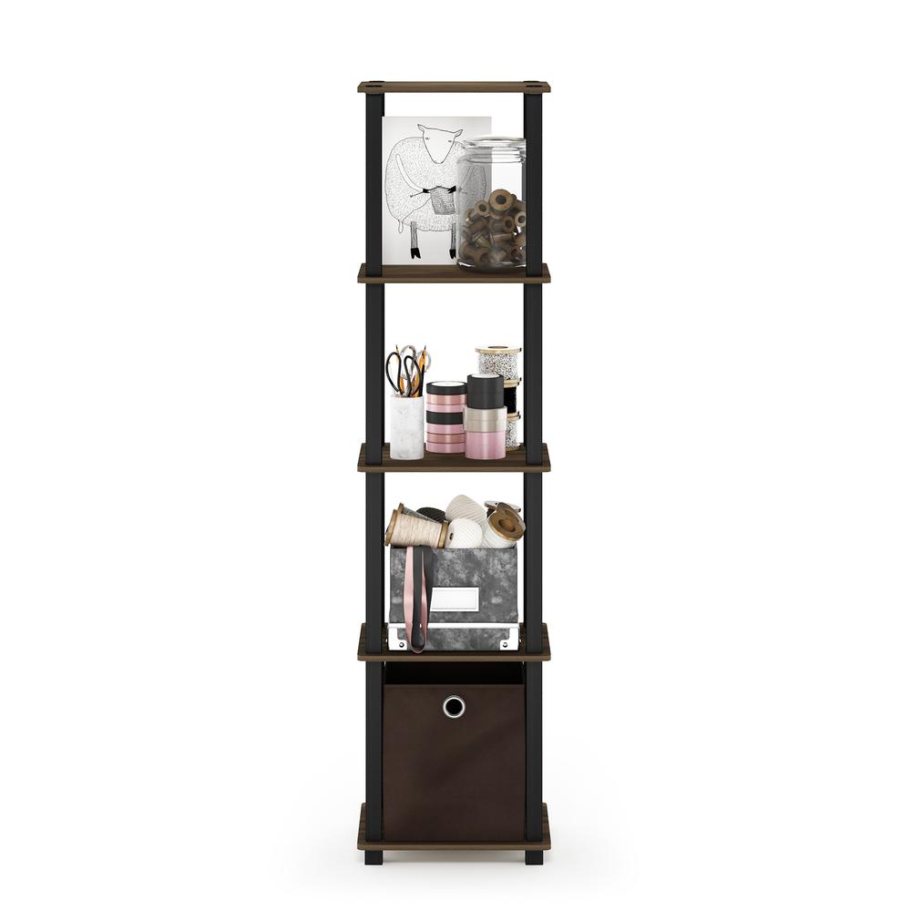Furinno TNT No Tools 5-Tier Display Decorative Shelf with One Bin, Columbia Walnut/Black/Dark Brown. Picture 5