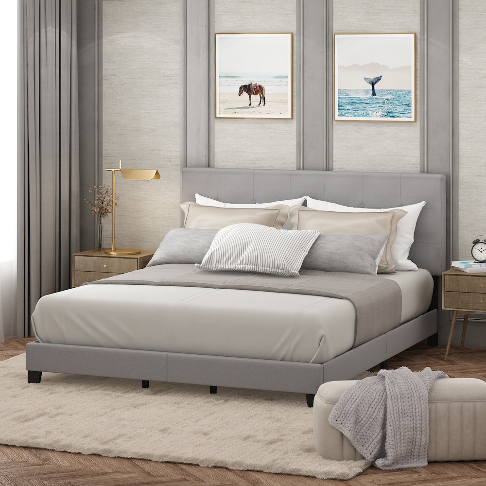 California King Bed Frame with Button Tufted Upholstered Headboard, Light Grey. Picture 3