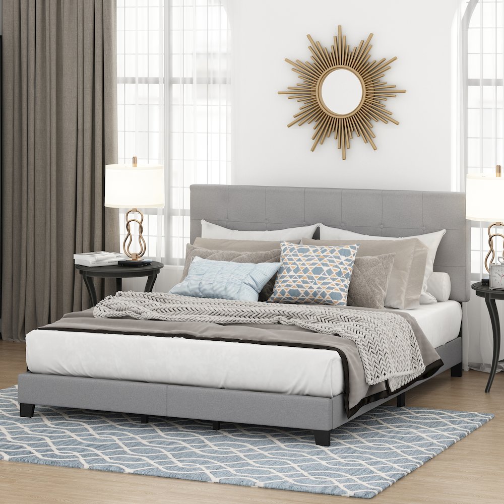 California King Bed Frame with Button Tufted Upholstered Headboard, Light Grey. Picture 4
