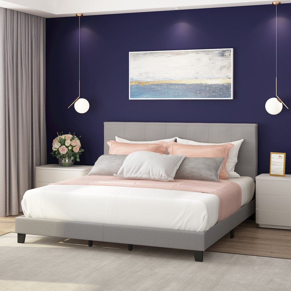 California King Bed Frame with Button Tufted Upholstered Headboard, Light Grey. Picture 5