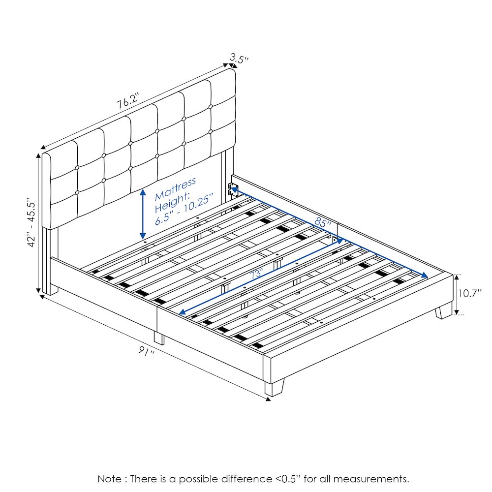 California King Bed Frame with Button Tufted Upholstered Headboard, Light Grey. Picture 6