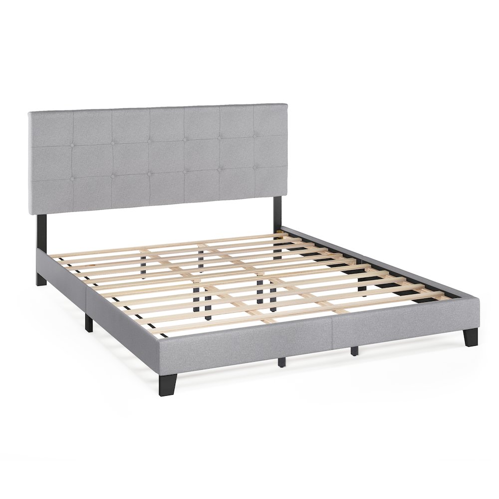 California King Bed Frame with Button Tufted Upholstered Headboard, Light Grey. Picture 2