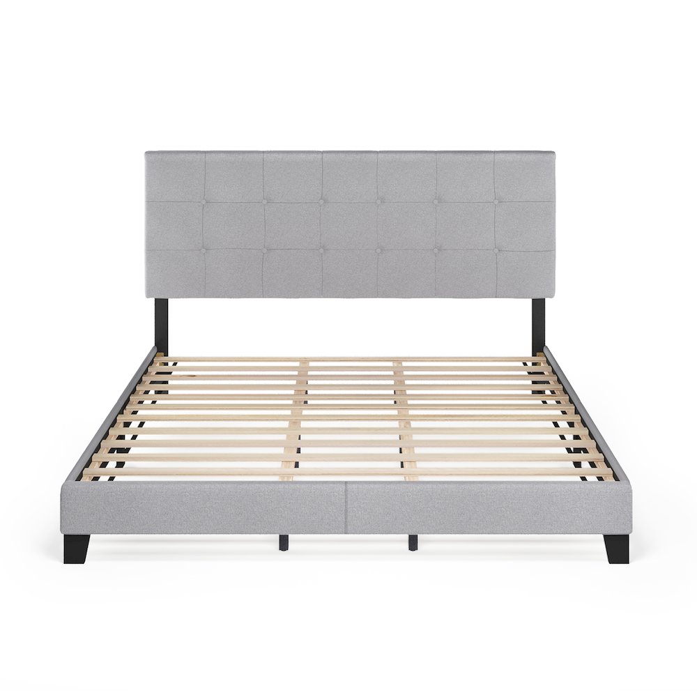 California King Bed Frame with Button Tufted Upholstered Headboard, Light Grey. Picture 1