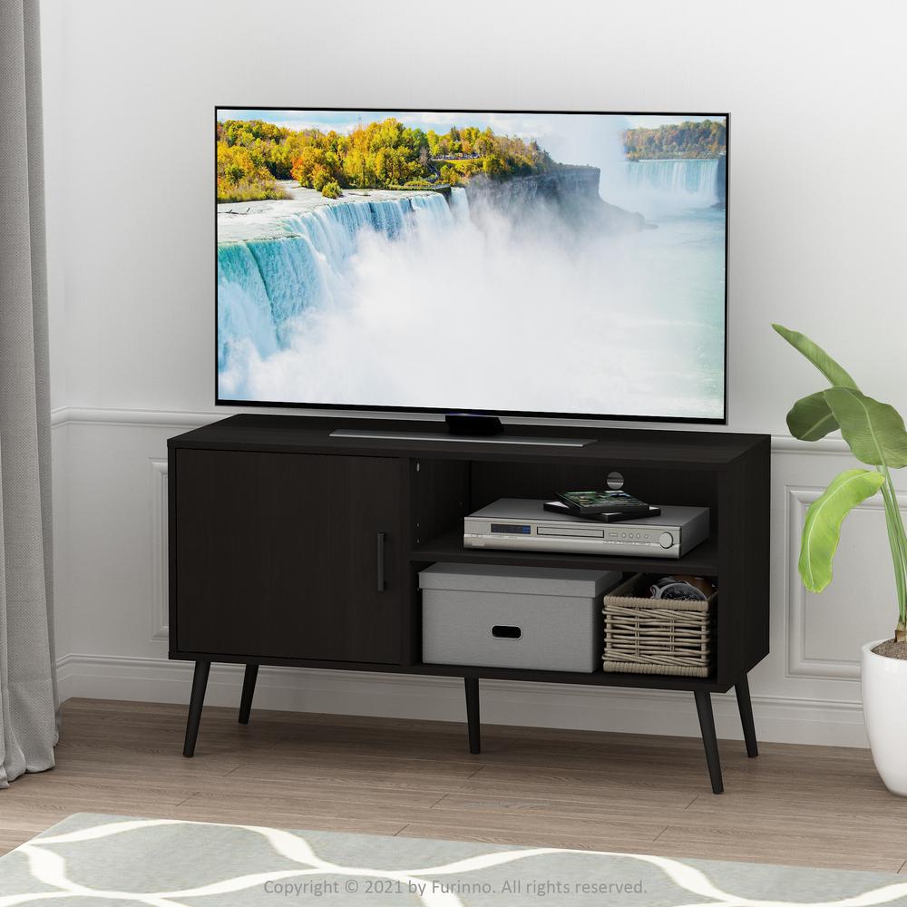 Furinno Claude Mid Century Style TV Stand with Wood Legs, One Cabinet Two Shelves, Espresso. Picture 6