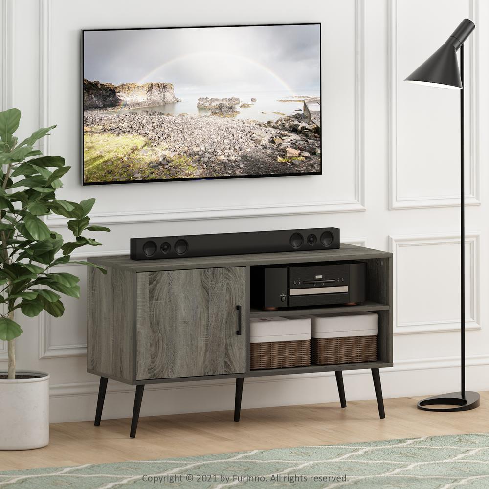 Furinno Claude Mid Century Style TV Stand with Wood Legs, One Cabinet Two Shelves, French Oak Grey. Picture 6