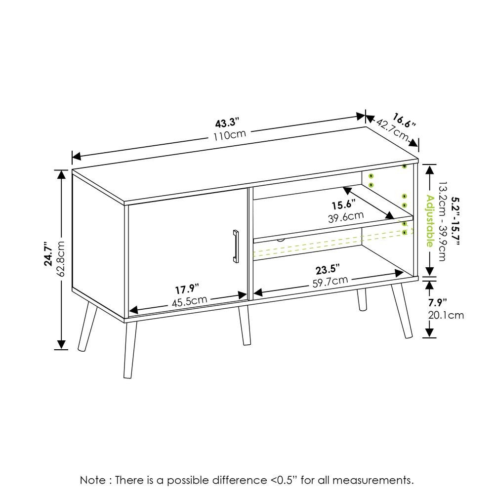 Furinno Claude Mid Century Style TV Stand with Wood Legs, One Cabinet Two Shelves, French Oak Grey. Picture 2