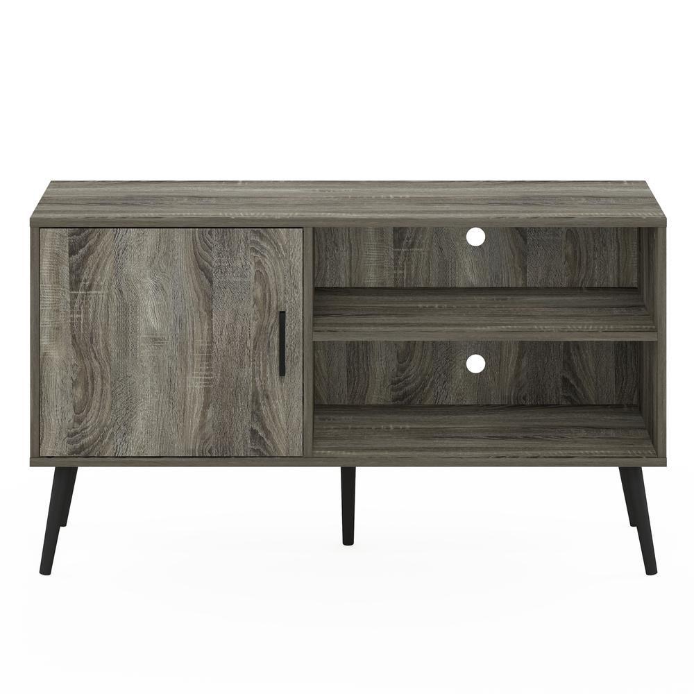 Furinno Claude Mid Century Style TV Stand with Wood Legs, One Cabinet Two Shelves, French Oak Grey. Picture 3