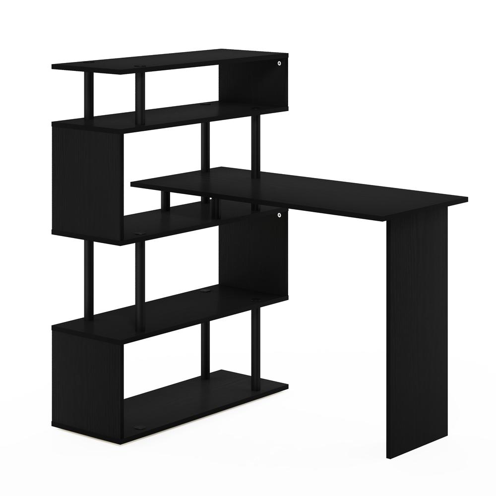 Furinno Moore L-Shape Computer Desk with 5-Tier Shelves, Americano/Black. Picture 1